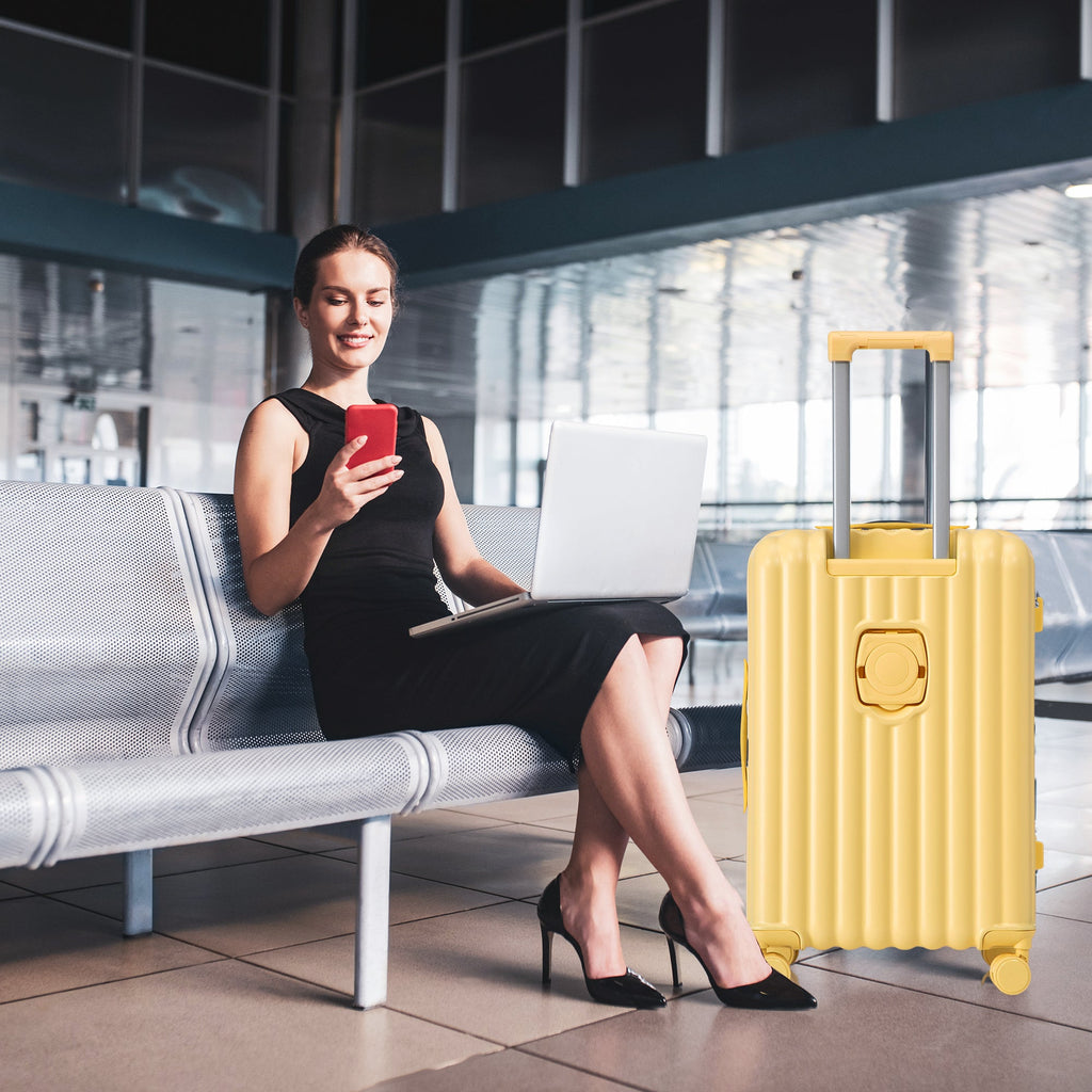 3-Piece ABS Hard Case Luggage Set with Spinner Wheels and USB Port - Yellow
