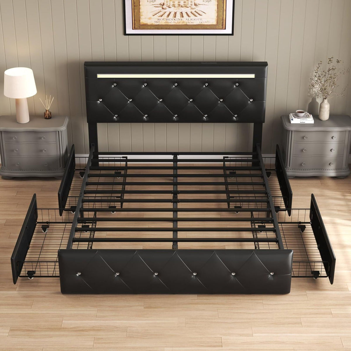 Upholstered Storage Bed Frame with LED Lights and Drawers – White or Black