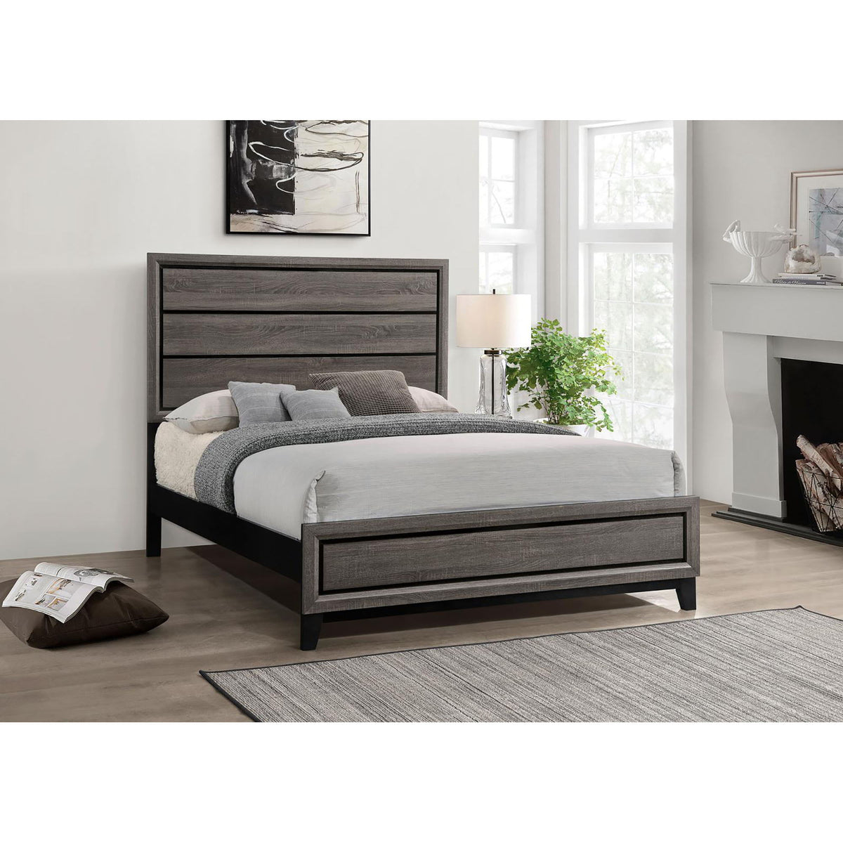 Queen Panel Bed Accents with Modern Detailing - Gray