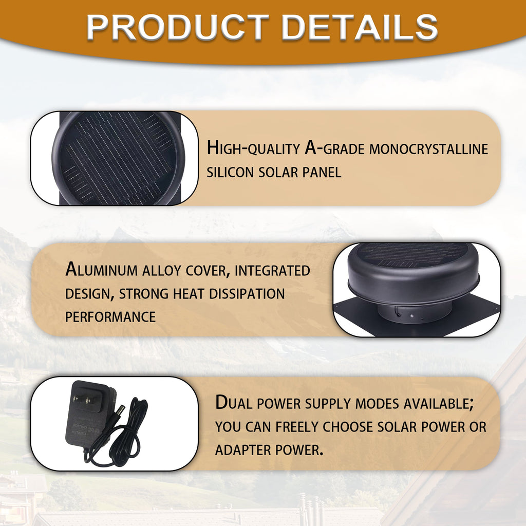 12" Flush Mount Round Solar Roof Vent Fan with 30W Dual Power - Black or White