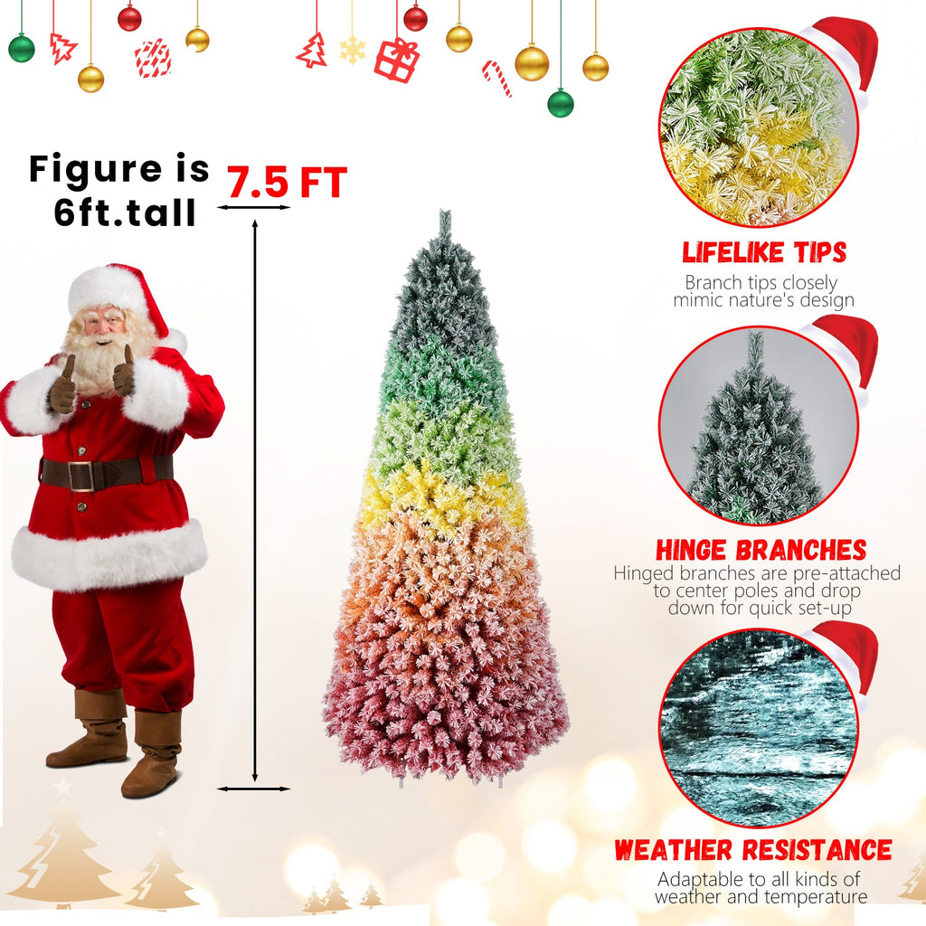 7.5ft Rainbow Gradient Flocked PVC Christmas Tree with Sturdy Metal Stand - Multi-Color