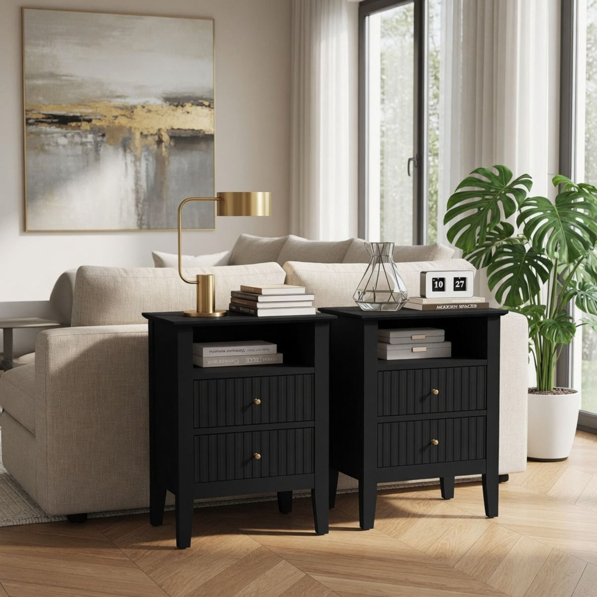 Fluted Nightstand with 2 Drawers and Soft-Close Slides - Multiple Colors