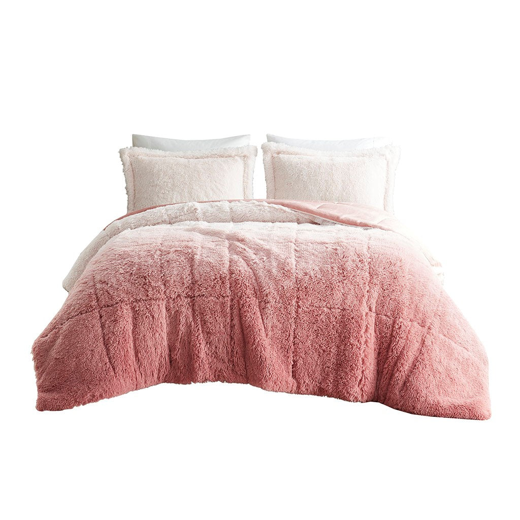 Ombre Shaggy Long Fur Twin/Twin XL Comforter Mini Set with Hypoallergenic Filling - Blush or Grey