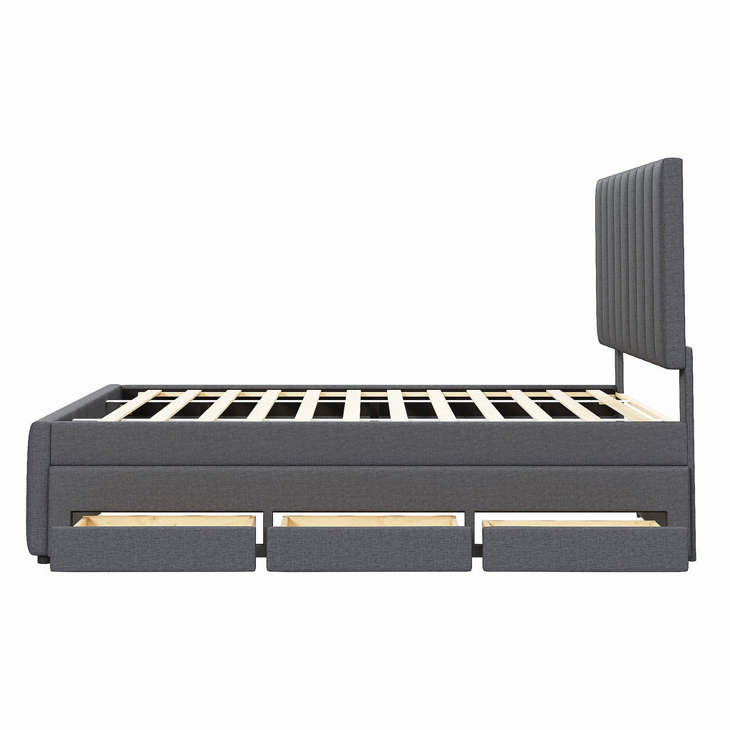 Upholstered Platform Bed with Twin Size Trundle and 3 Drawers - Beige, Full