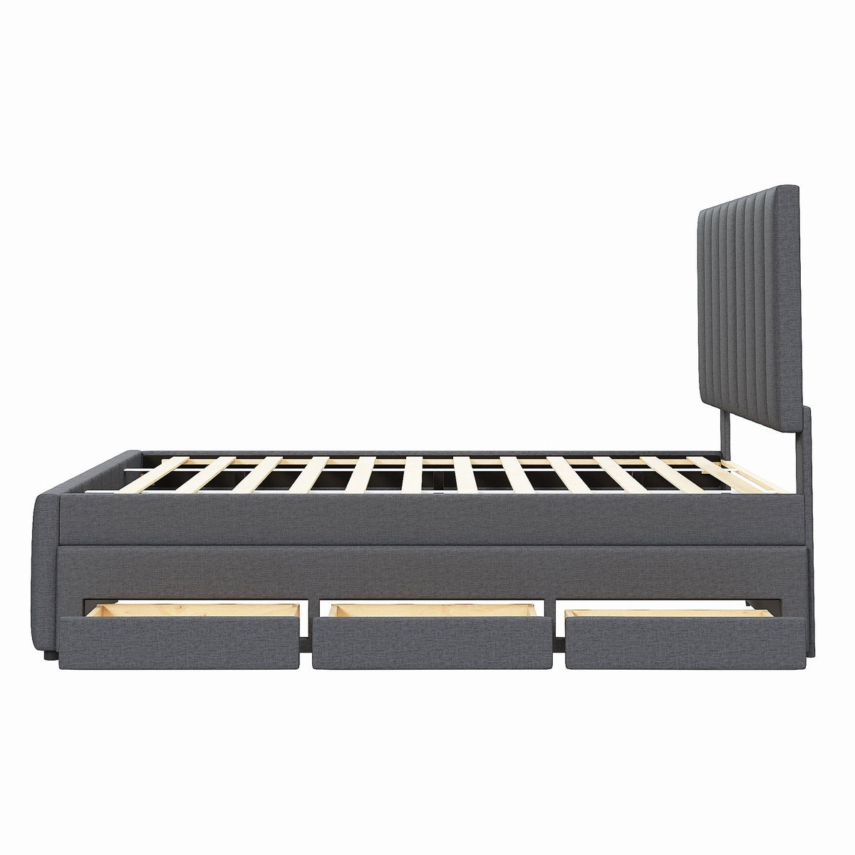 Upholstered Platform Bed with Twin Size Trundle and 3 Drawers - Beige, Full