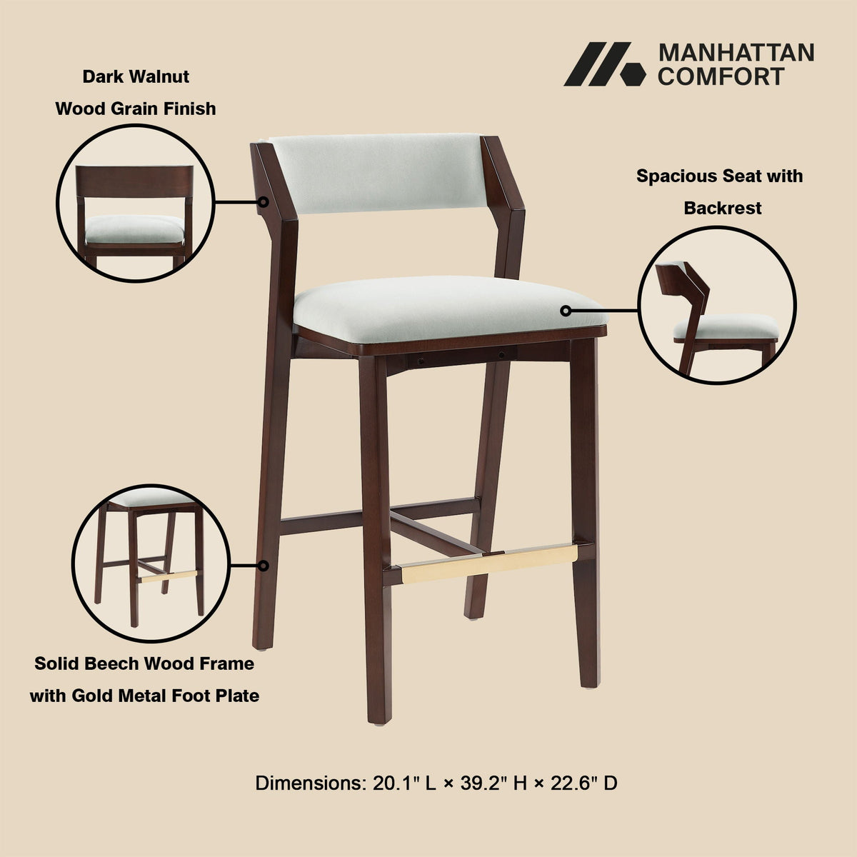 Bar Height Barstool with Backrest - Pearl Silver, White, Black, Dark Green
