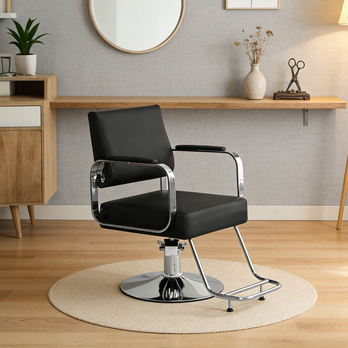 Height Adjustable Barber Chair with Metal & Wood Construction - Black