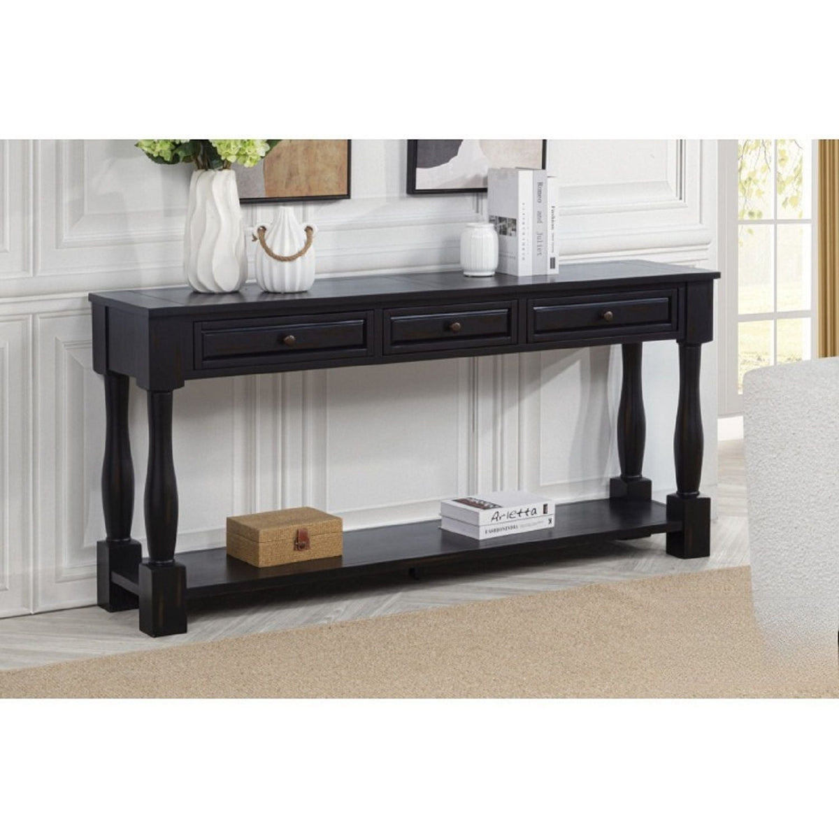 Long Console Table with Drawers and Shelf - Dark Brown or Blue