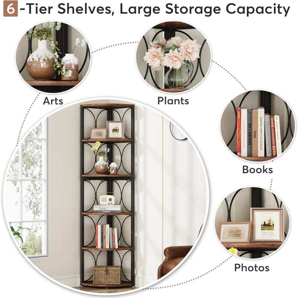 Tall 6 Tier Corner Bookshelf with Durable MDF & Metal Frame - Rustic Brown