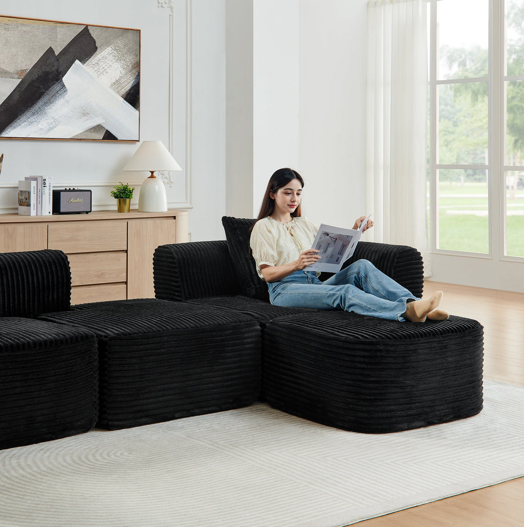 114" Cloud Sectional Couch with L-Shape Chaise – Corduroy Modular Sofa - Black or Grey