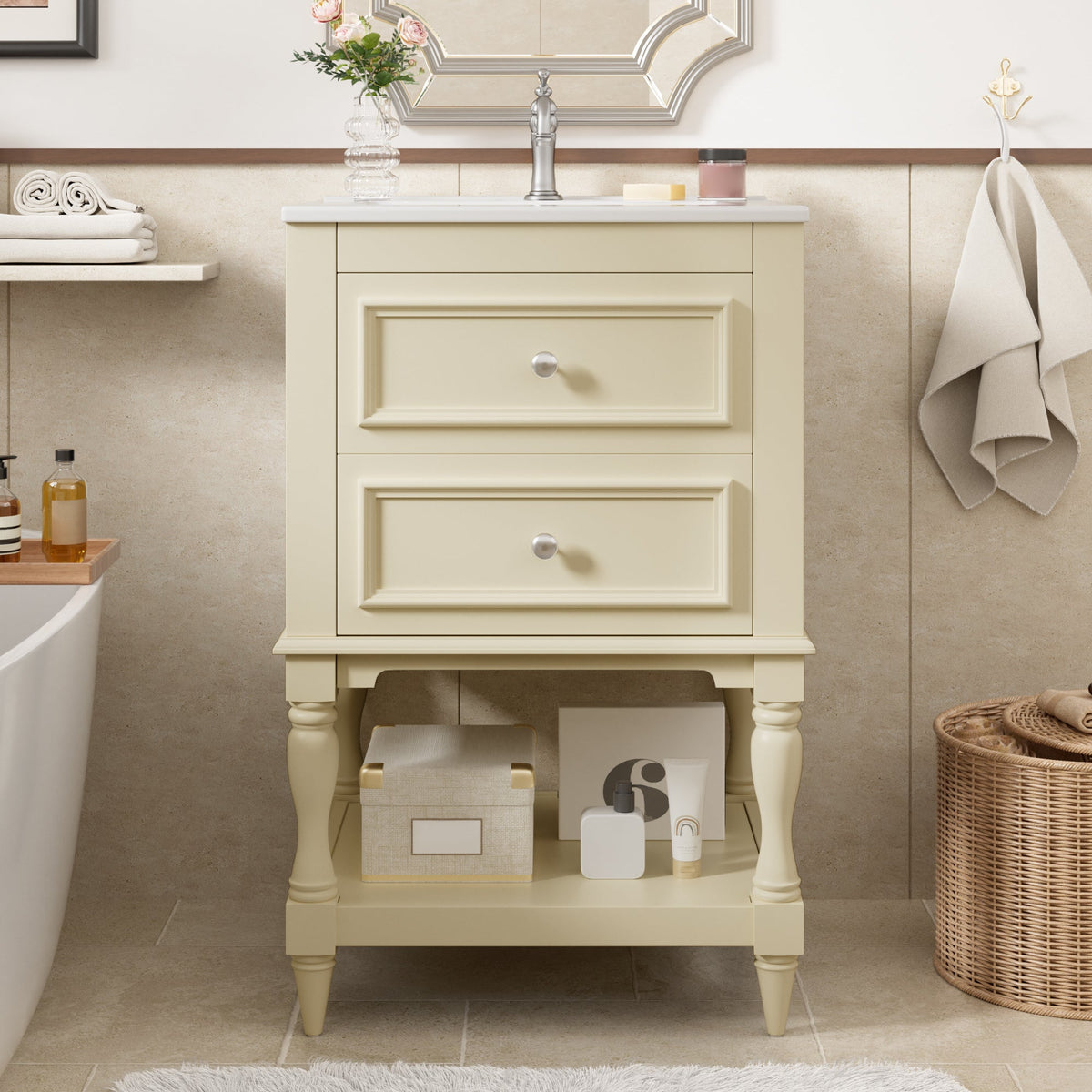 20" Bathroom Vanity with Ceramic Sink and Storage Cabinet – Beige, Black, White