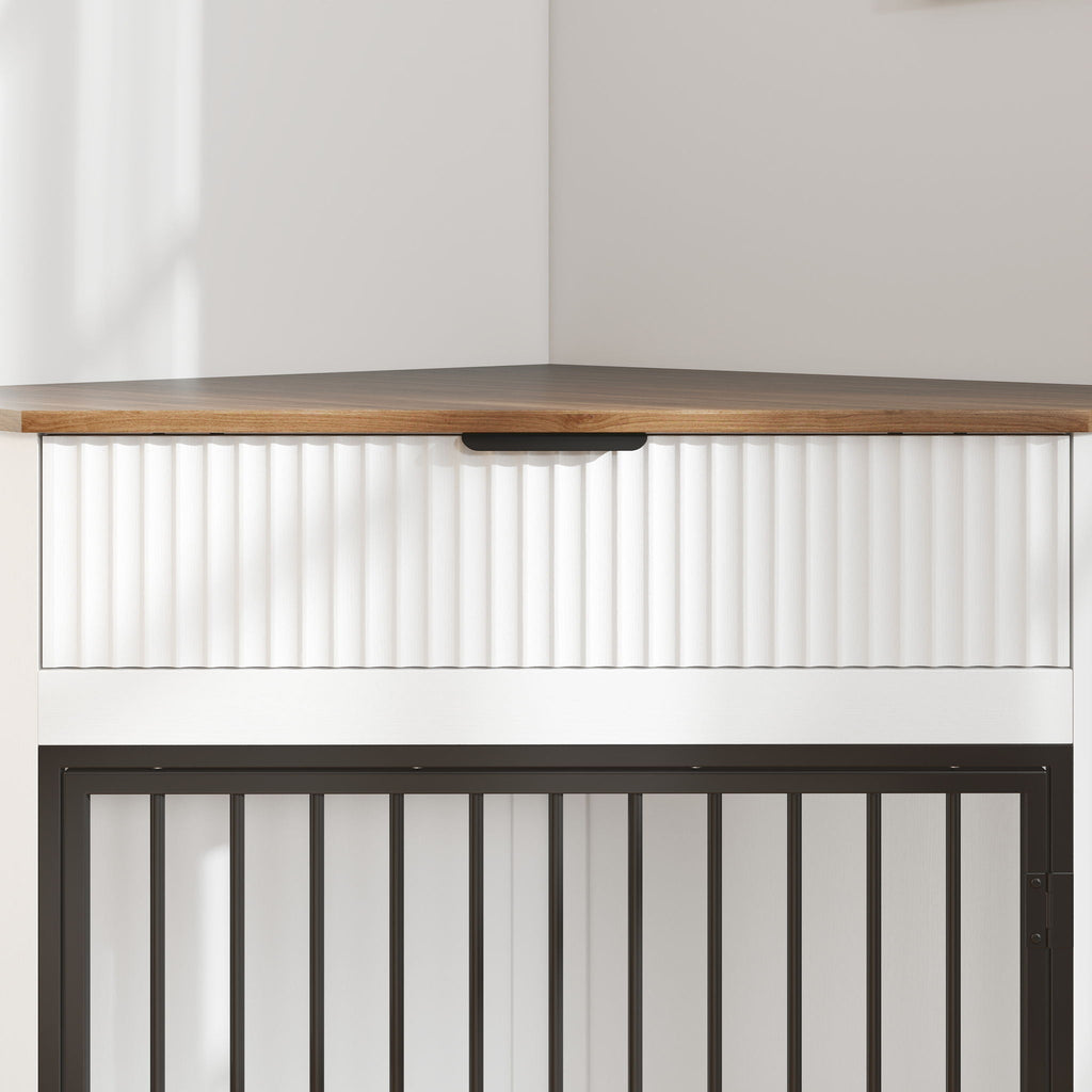 Corner Dog Crate with Fluted Drawer - White or Dark Brown