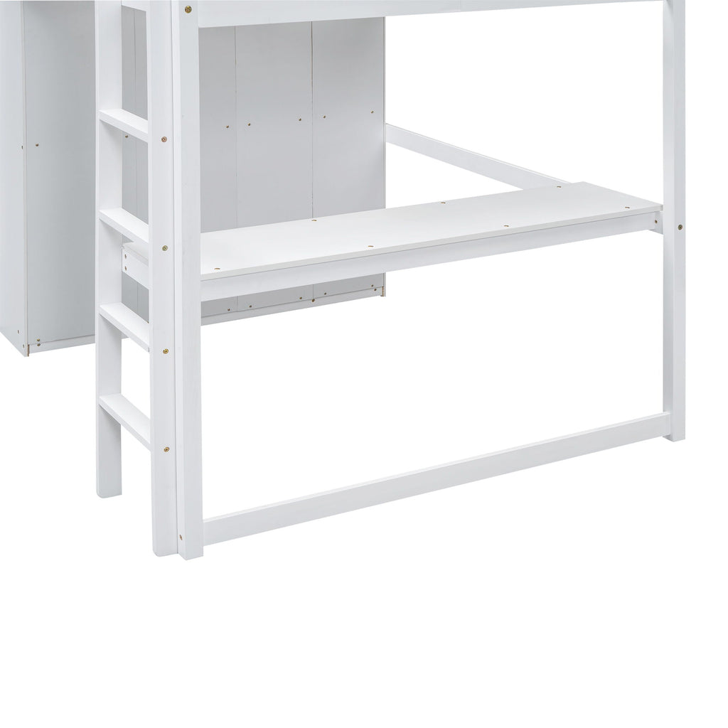 Full Size Loft Bed with Built-In Wardrobe, Shelves, and Drawers - White or Dark Gray