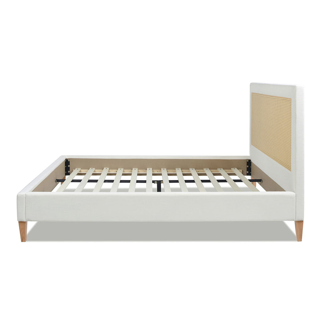 Upholstered Cane Back Platform Bed with Resin Wicker - White