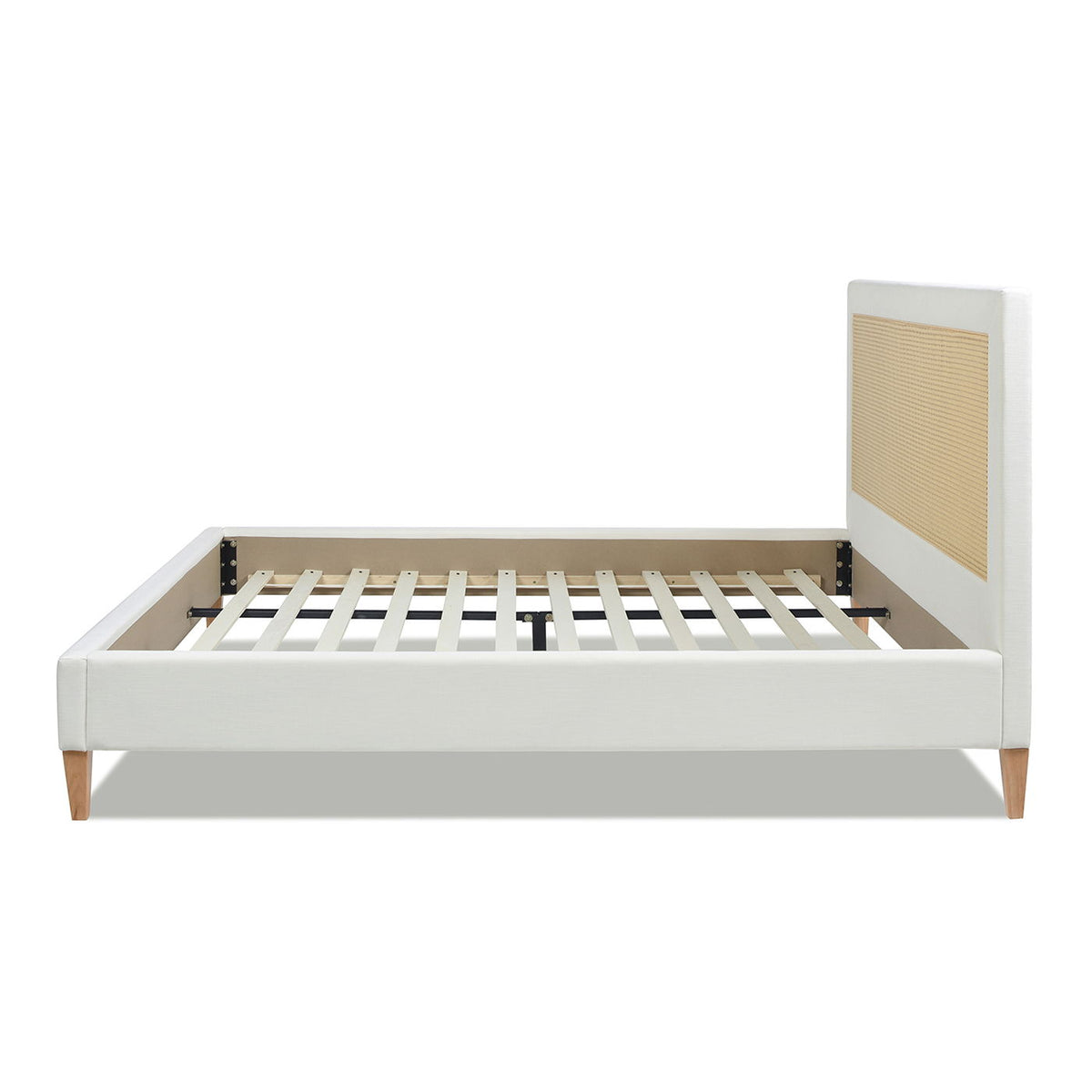 Upholstered Cane Back Platform Bed with Resin Wicker - White
