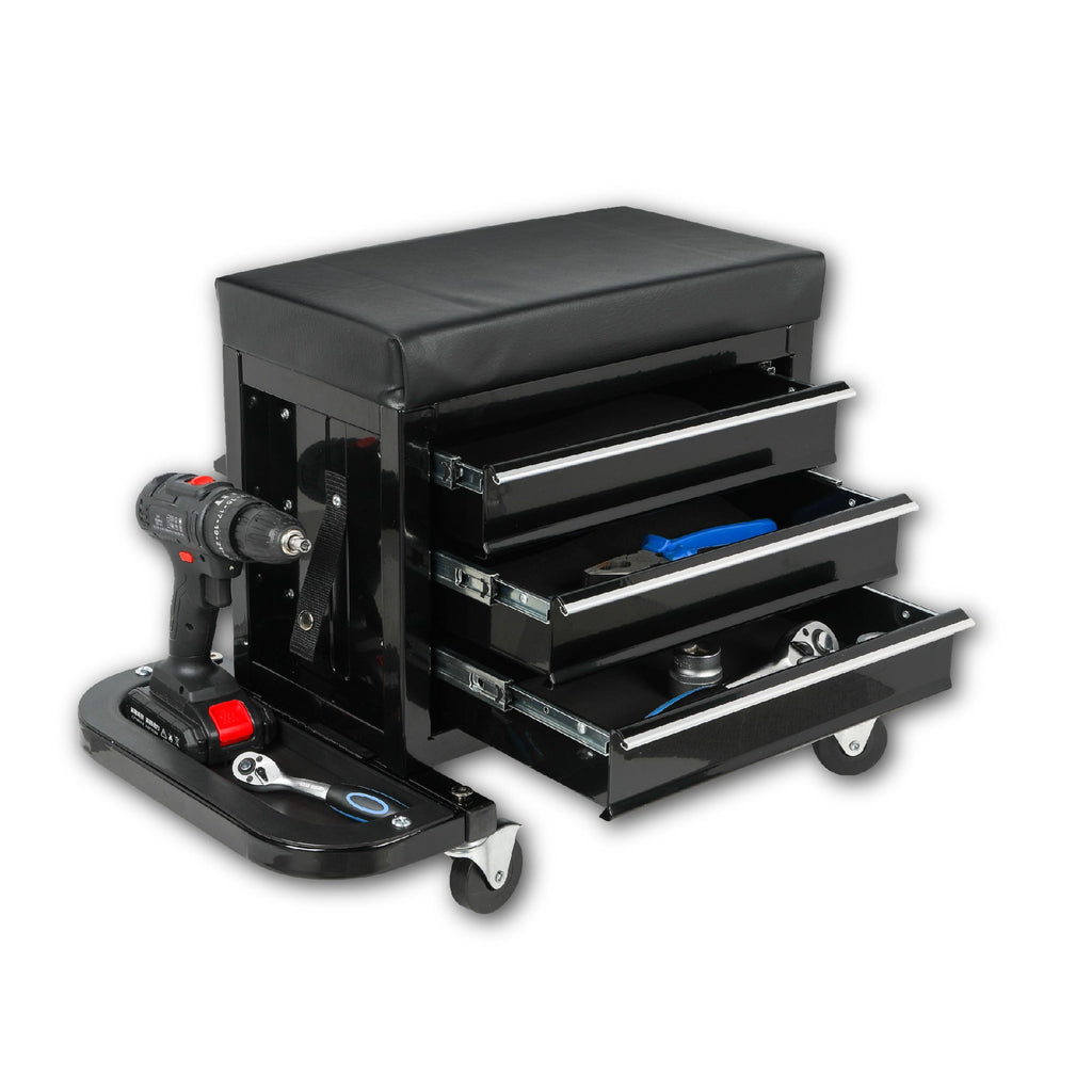 3-Drawer Tool Chest Rolling Mechanic Seat with Tool Trays - Steel
