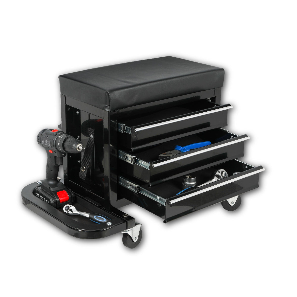 3-Drawer Tool Chest Rolling Mechanic Seat with Tool Trays - Steel