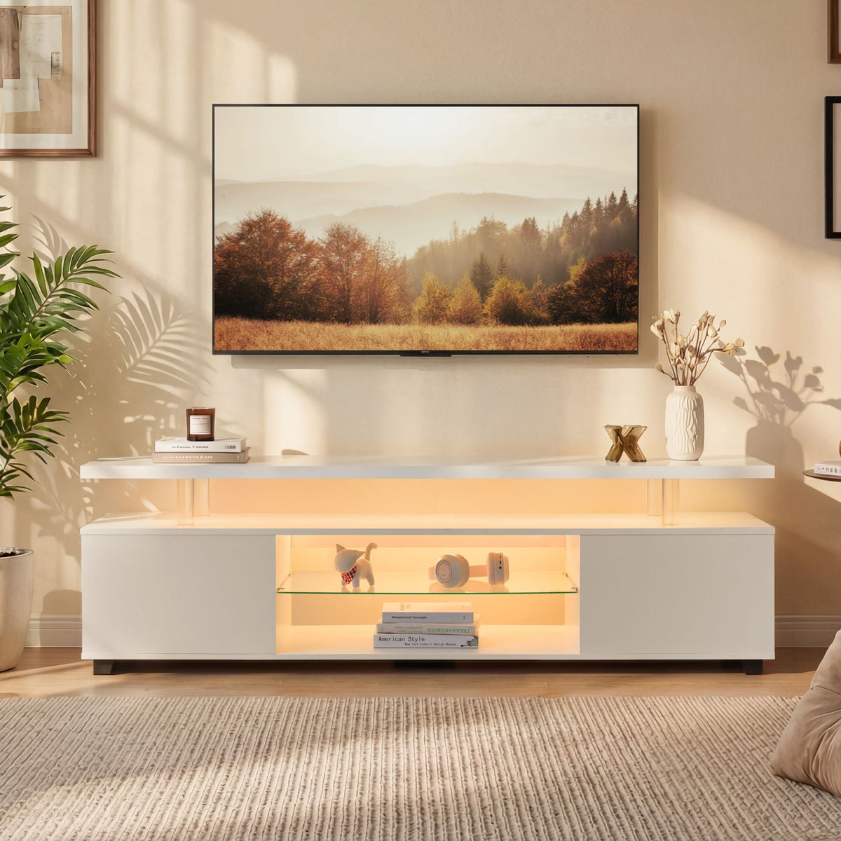 TV Stand with LED and Large Side Cabinet - White, Black, or Gray