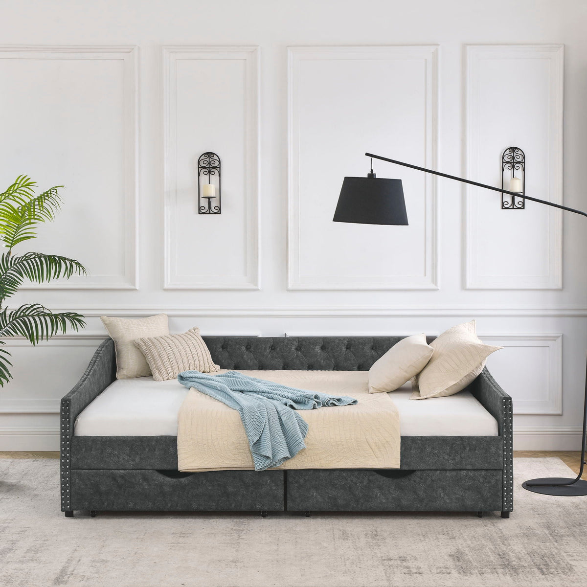 Upholstered Tufted Daybed with 2 Drawers and Waved Arms - Multiple Colors
