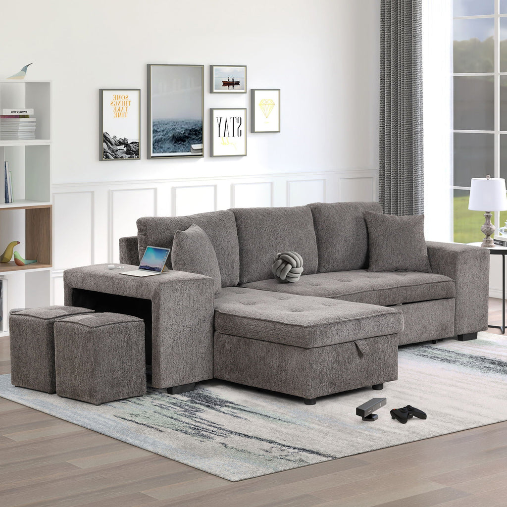 Reversible L-Shape Sleeper Sectional Sofa with Storage Chaise and 2 Stools - Multiple Colors