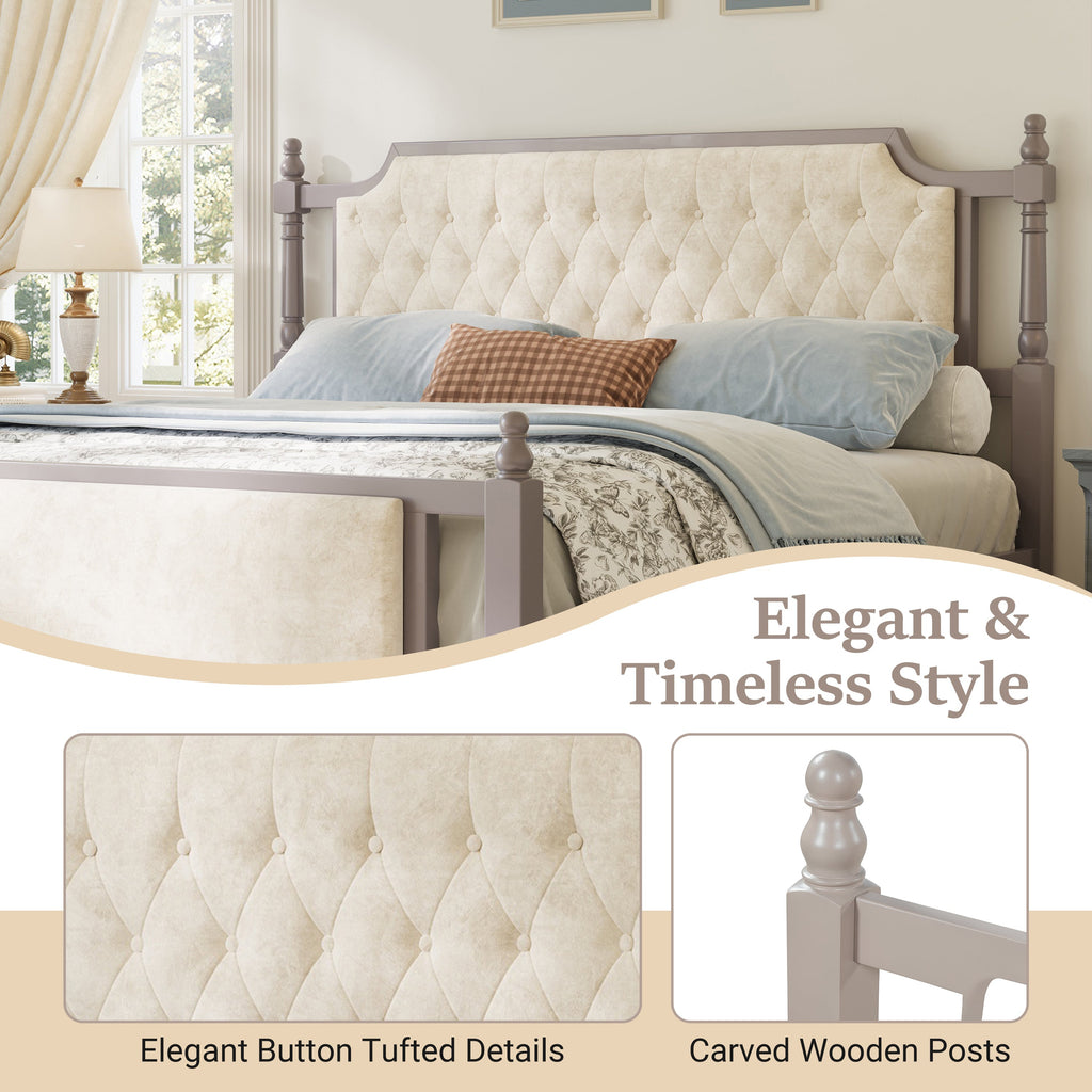 King Size Upholstered Platform Bed with Velvet Button Tufted Headboard