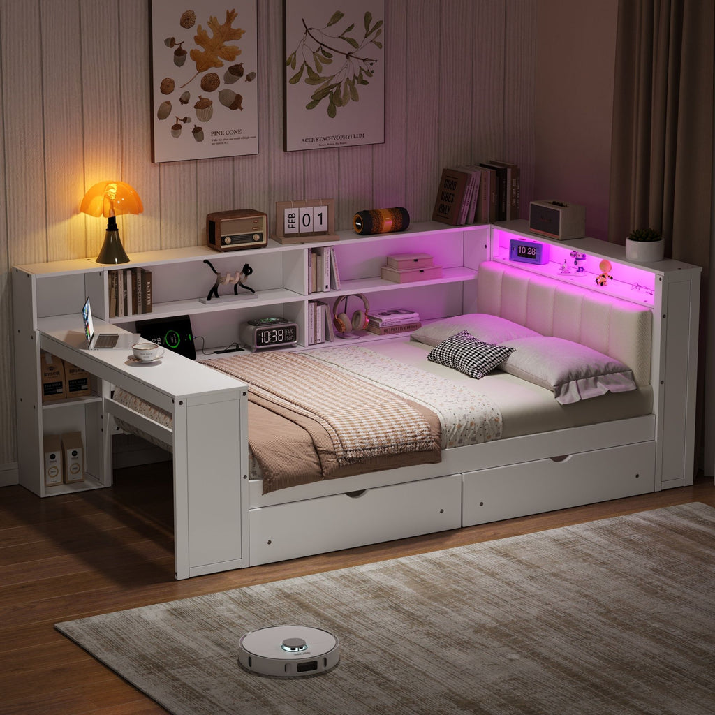 Platform Storage Bed with Shelves, Desk, Charging Station & LED - Full Size