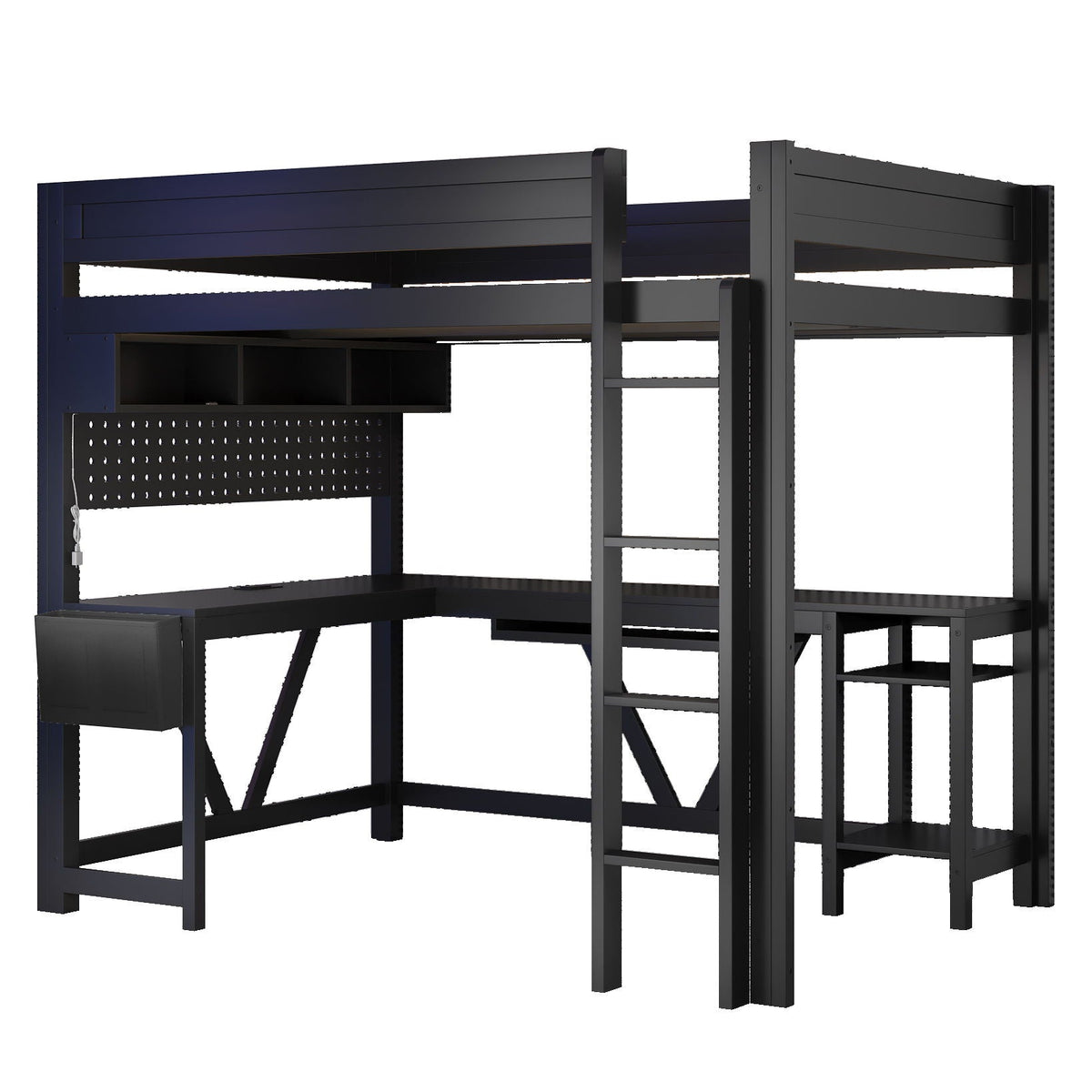 Gaming Loft Bed With Desk, Storage Shelves, LED and Charging Station - Full