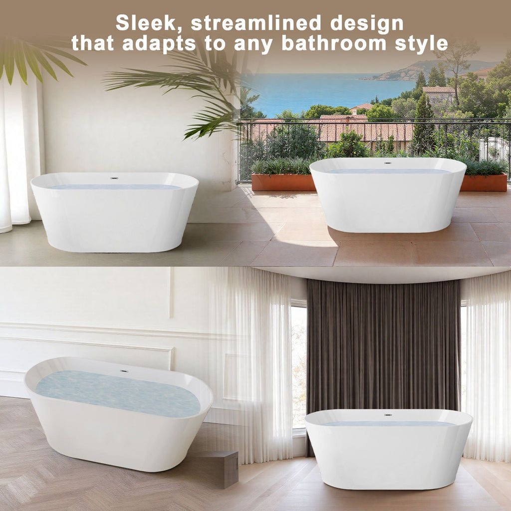 Glossy Freestanding Bathtub with Toe Tap Drain - Multiple Sizes, White or Black