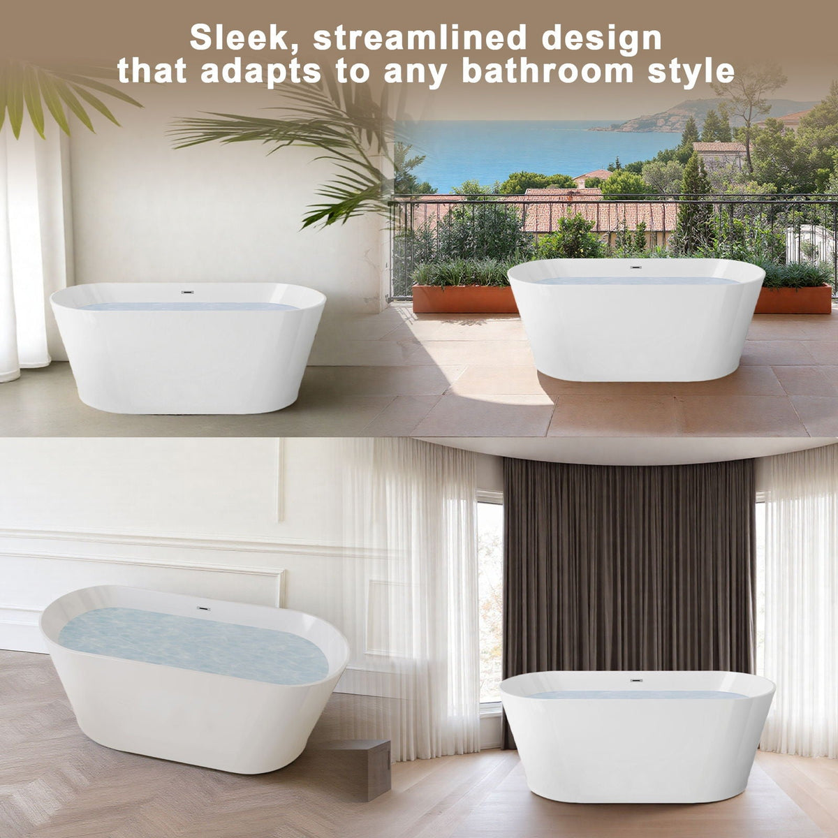 Glossy Freestanding Bathtub with Toe Tap Drain - Multiple Sizes, White or Black