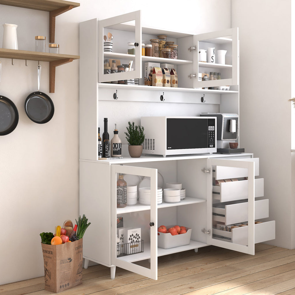 63" W Large Kitchen Hutch Cabinet with Storage Shelves and Drawers - White