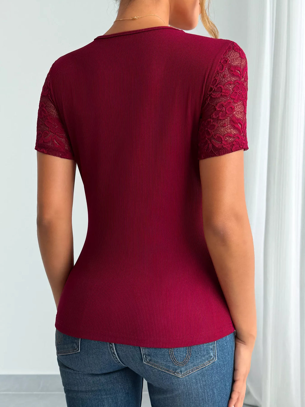 Elegant Lace Trim V-Neck Fitted Top