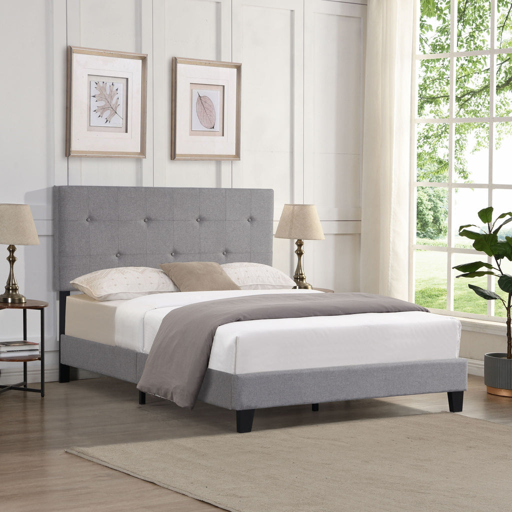Full Size Upholstered Platform Bed Frame with Button Tufted Linen Headboard - Gray