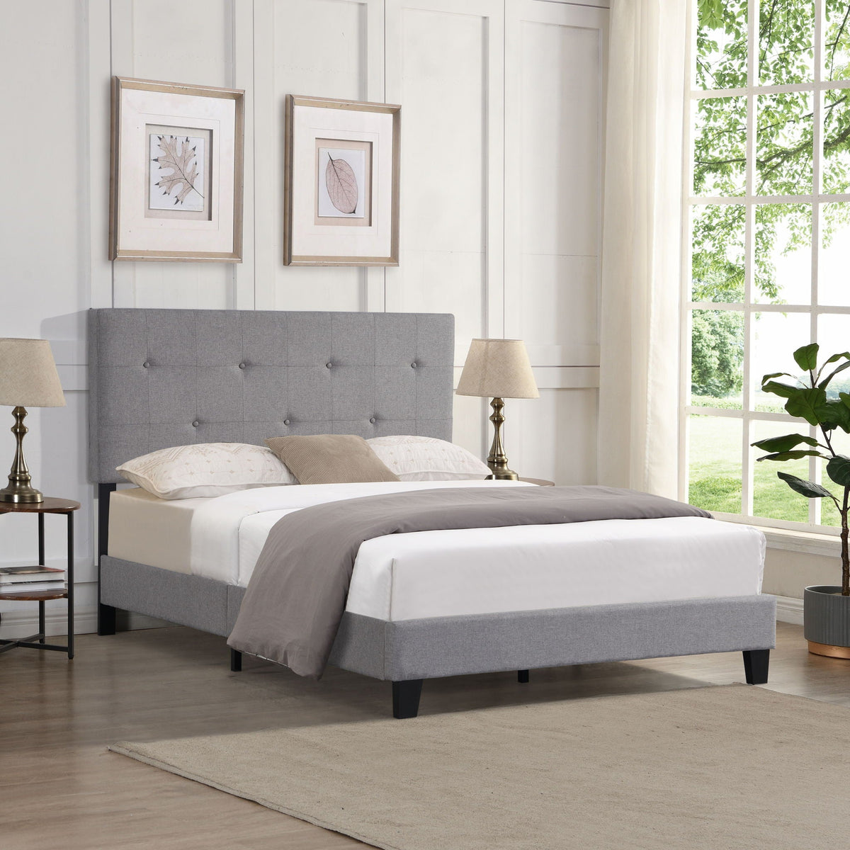 Full Size Upholstered Platform Bed Frame with Button Tufted Linen Headboard - Gray