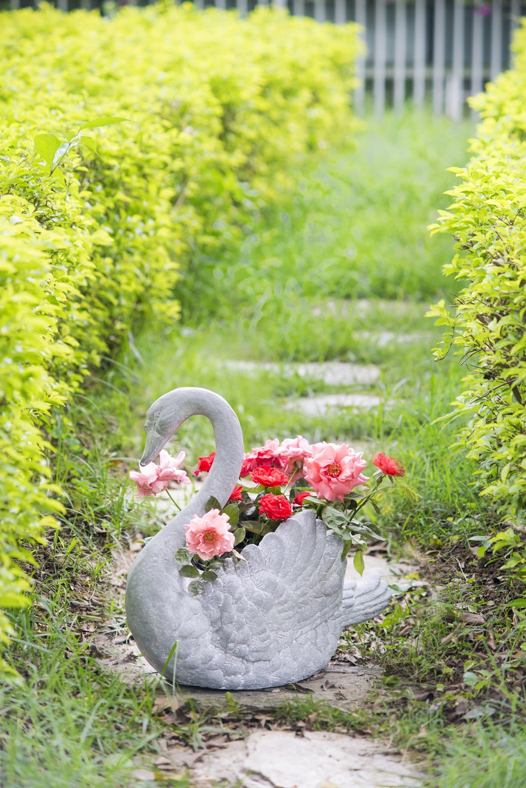 MGO Swan Planter with Decorative Sculpted Design - White
