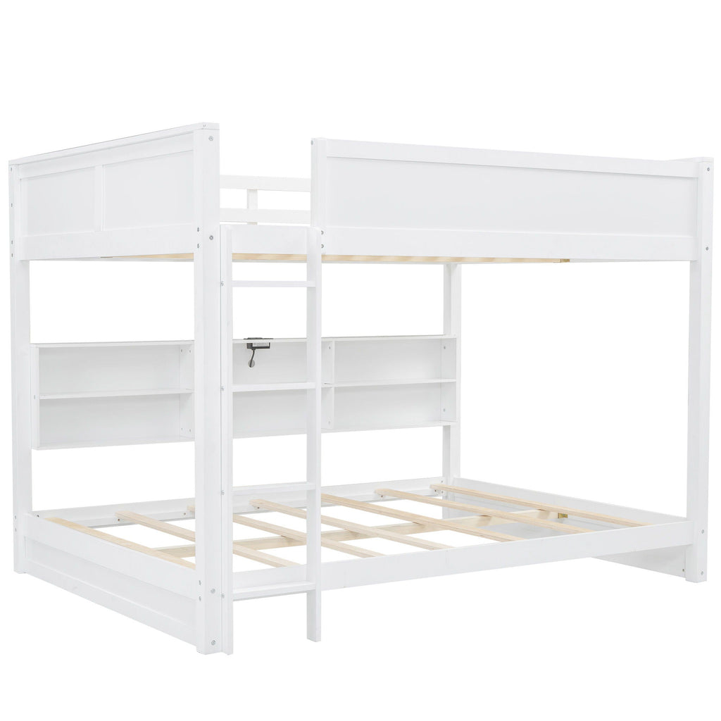 Queen Bunk Bed with Storage Cabinets and USB Ports - Dark Brown or White