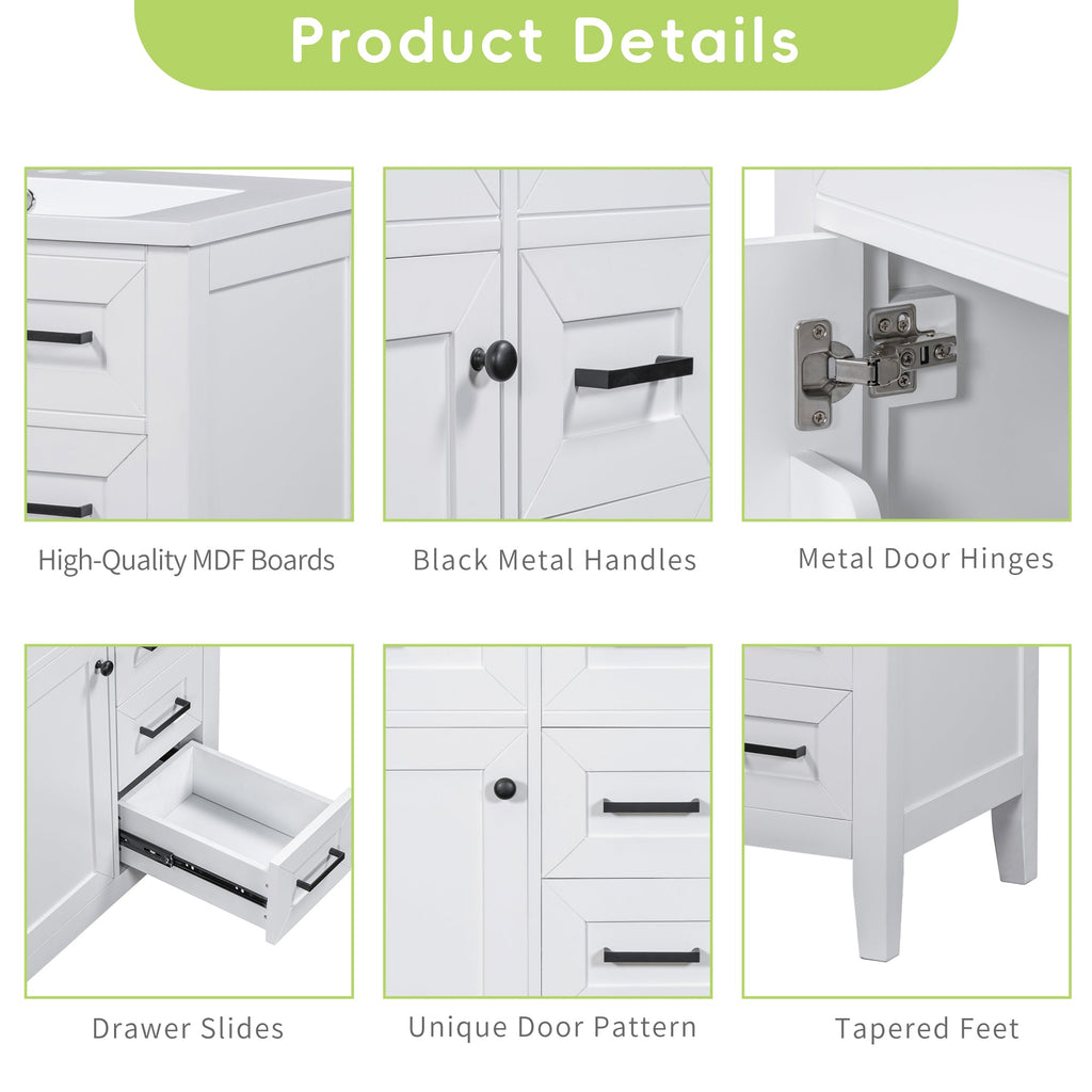 30" Bathroom Vanity Cabinet Base with Drawers - White