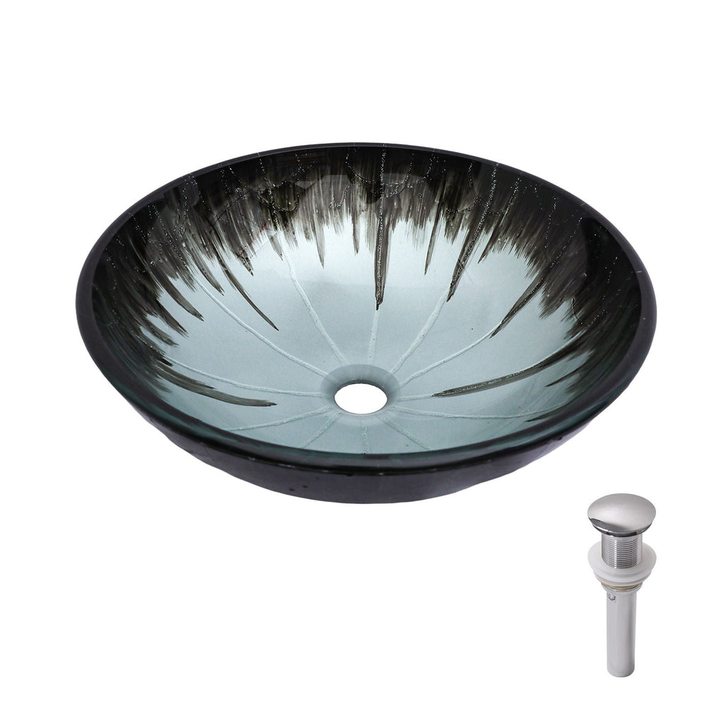 Gray Crackle Vessel Sink with Pop Up Drain – Tempered Glass Bathroom Basin