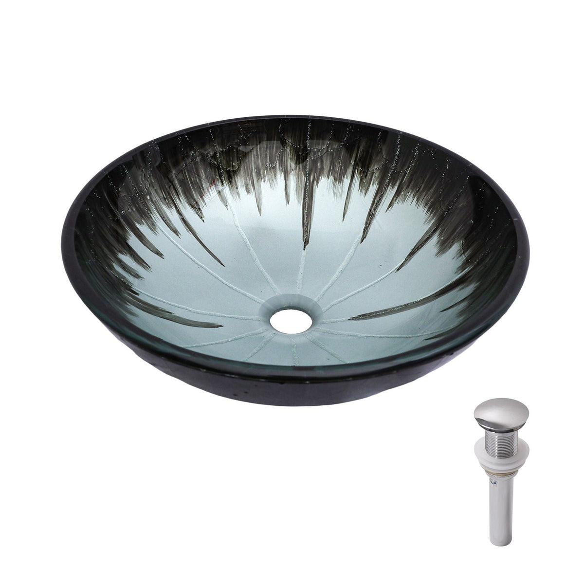 Gray Crackle Vessel Sink with Pop Up Drain – Tempered Glass Bathroom Basin