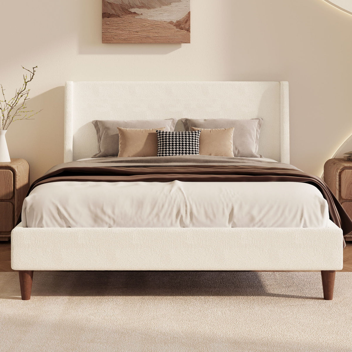Upholstered Modern Platform Bed with Wingback Headboard - Beige or White