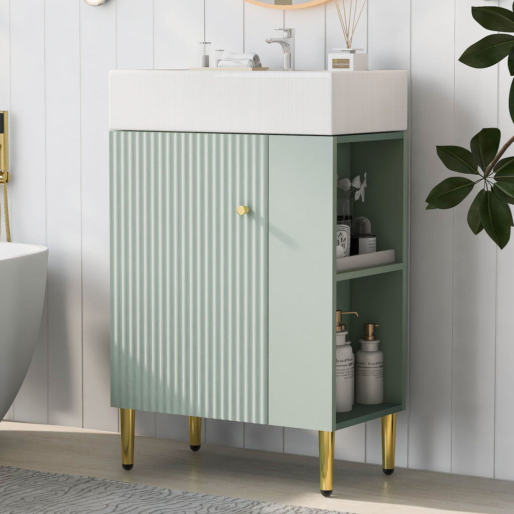 Bathroom Vanity with Single Ceramic Sink and Side Storage - Multiple Colors