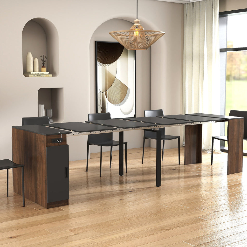 Modern Multifunctional Extendable Dining Table with Outlet - Walnut+Black or White