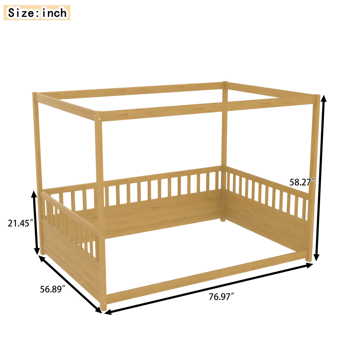 Full Size Canopy Bed Frame with Guardrails for Kids - Pine Wood