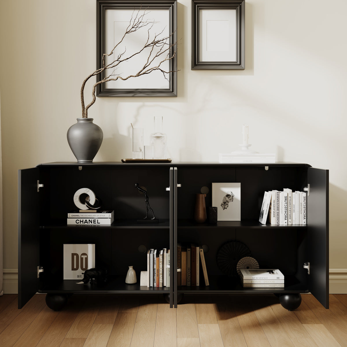 59" Sideboard Buffet Cabinet with Ample Storage - MDF, Modern Curved Design