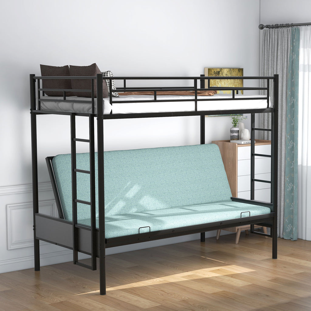Twin Over Full Bunk Bed with Convertible Futon Sofa - Black