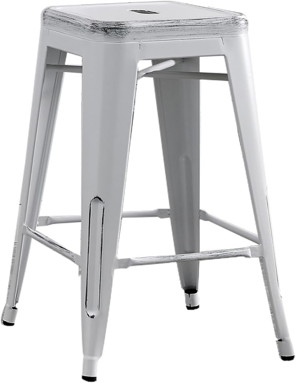 Backless Industrial Metal Bar Stools with Reinforced Design - Distressed White