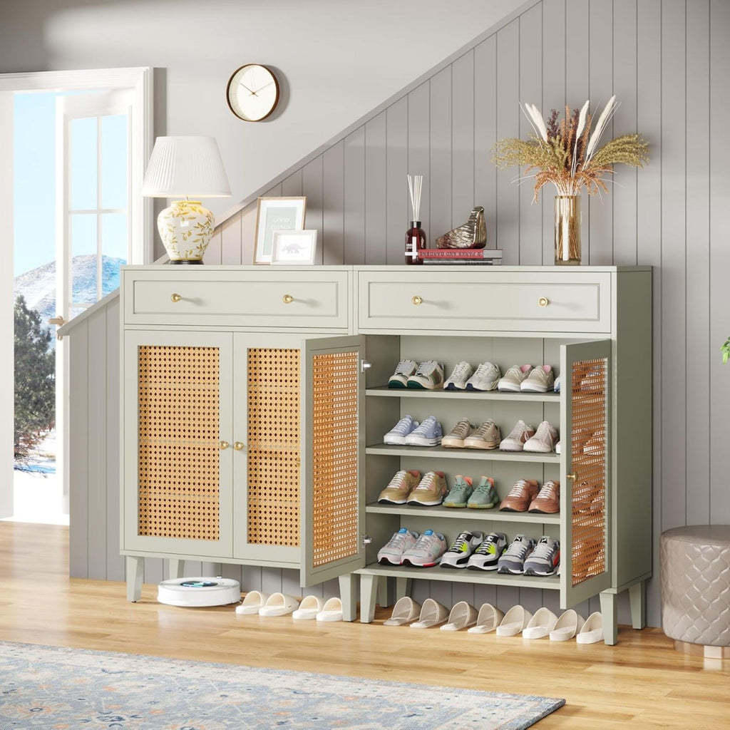 Mint Green Shoe Cabinet With Rattan Doors and Drawer - 4 Tier Storage Organizer