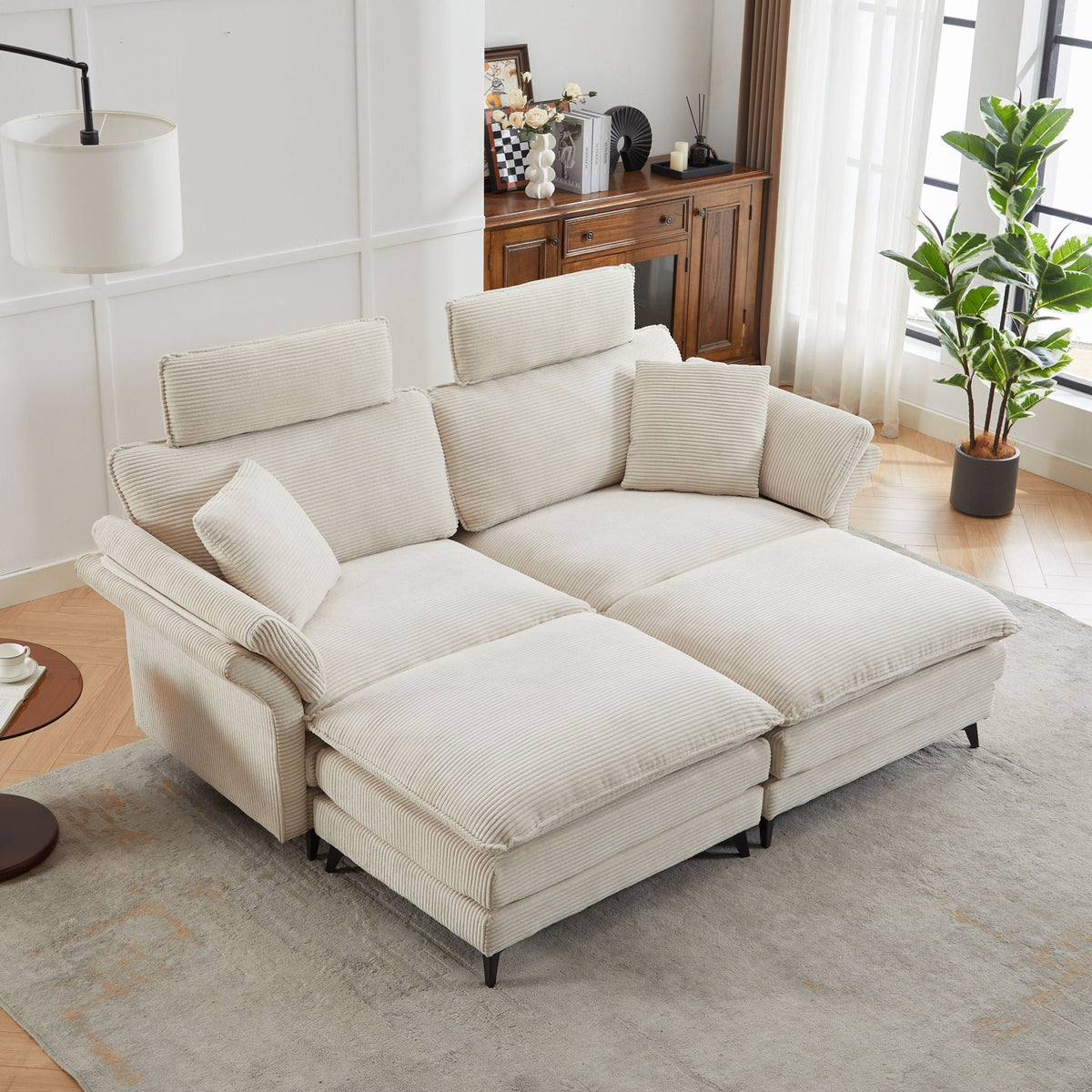 Modern Deep Seat Sectional Sofa with Ottoman - Corduroy - Black or Beige