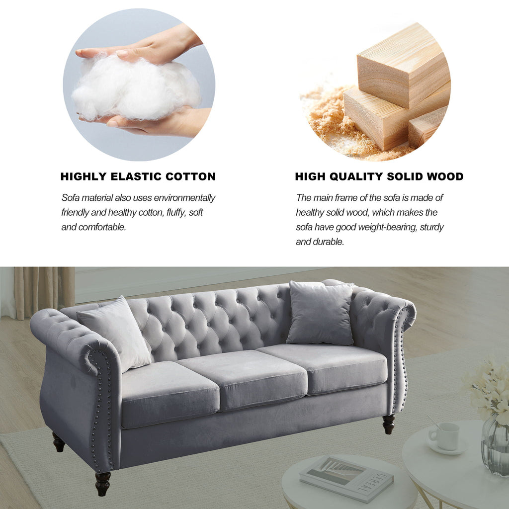 Chesterfield Sofa with Rolled Arms and Nailhead Trim – Solid Wood Frame