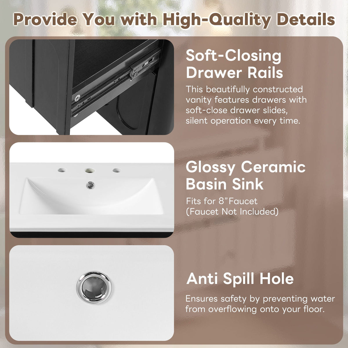Floating Bathroom Vanity with Soft Close Drawer Slides – White or Black