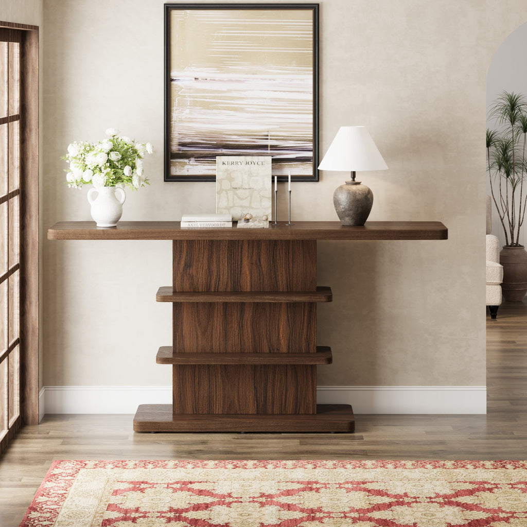 Vintage Narrow Console Table with 2 Tier Open Storage Shelves - Solid Wood Finish